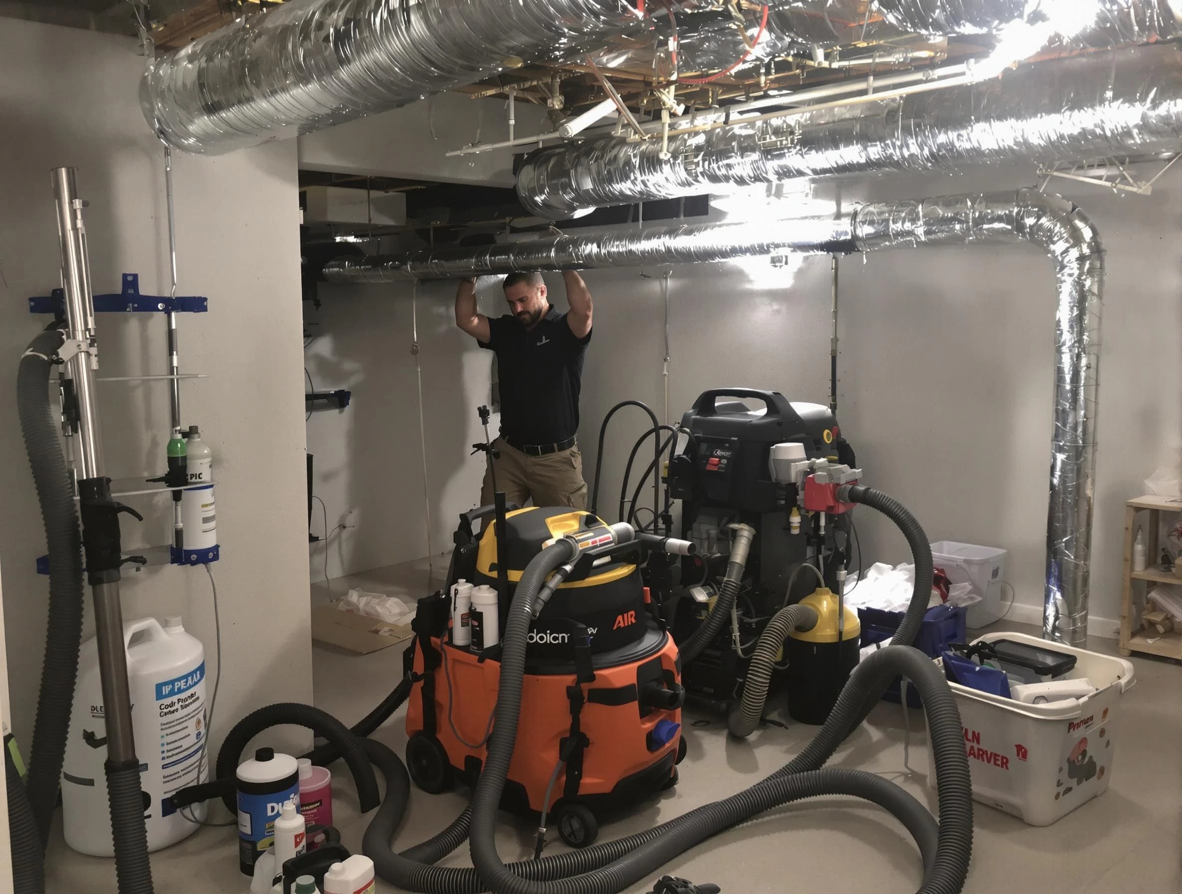 North Andover Air Duct Cleaning specialist performing professional mold removal from air ducts using safety equipment in North Andover