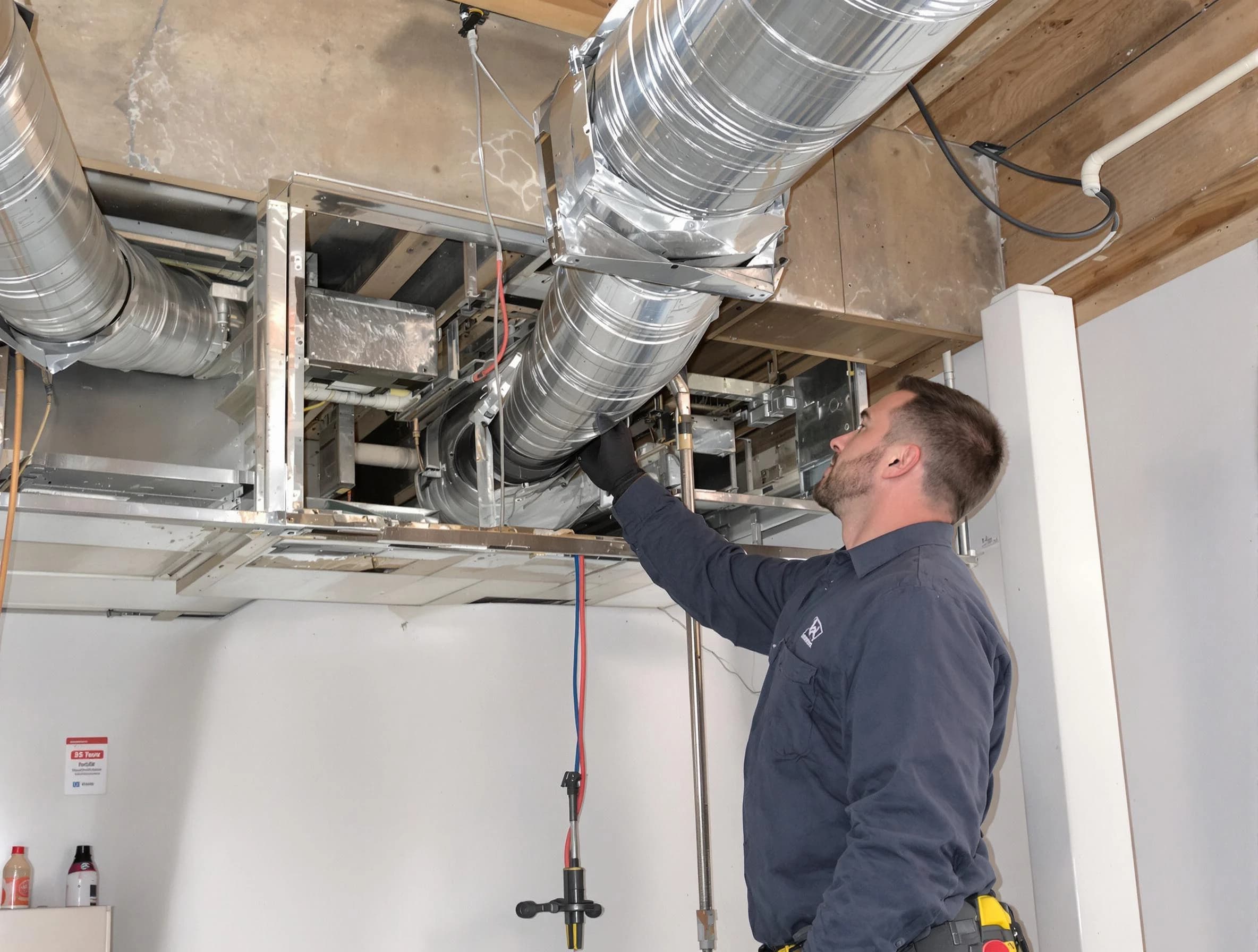 North Andover Air Duct Cleaning technician performing professional air duct repair using specialized tools in North Andover