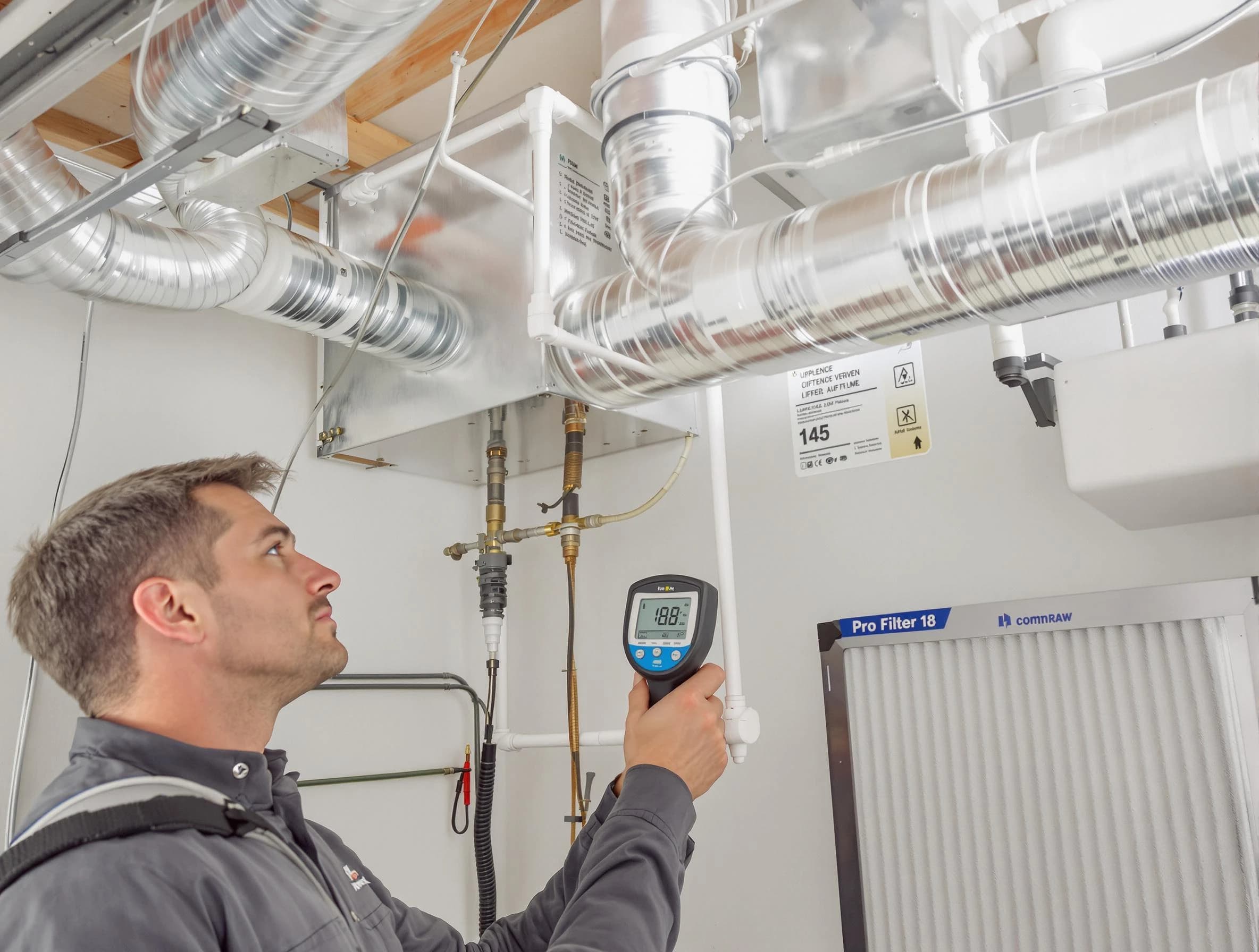 North Andover Air Duct Cleaning expert conducting detailed filter system inspection using diagnostic tools in North Andover