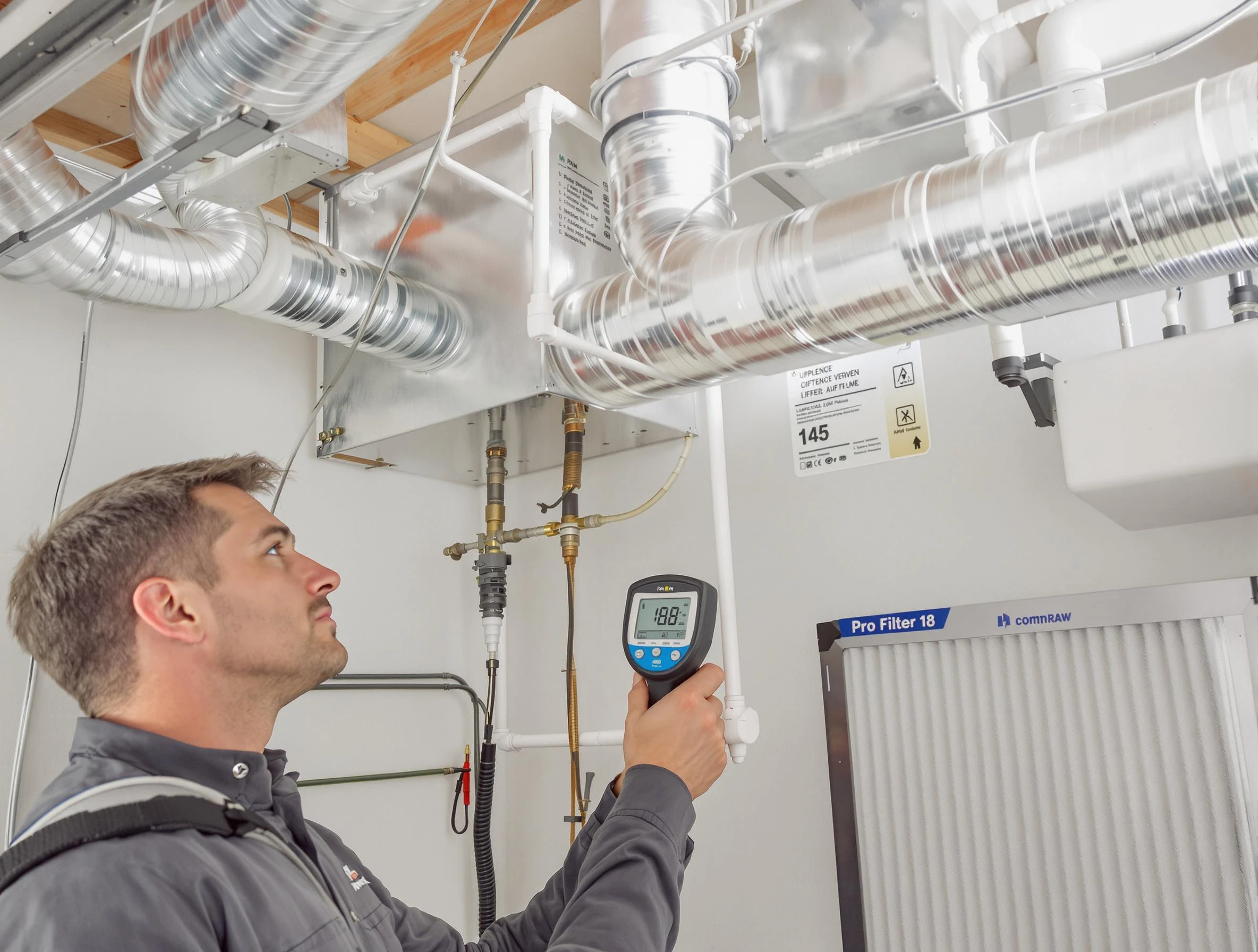 North Andover Air Duct Cleaning expert conducting detailed filter system inspection using diagnostic tools in North Andover